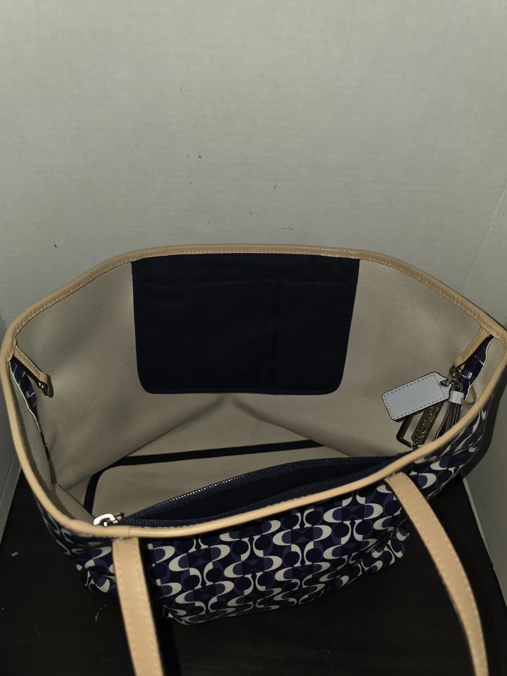 COACH Signature Navy Canvas Tote with Tan Leather Trim